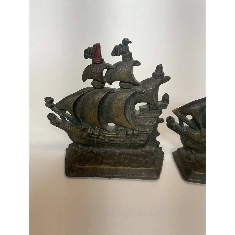 Vintage Pair Cast Iron Metal Pirate Sailing Boat Clipper Ship Bookends‎ Heavy